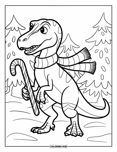 Vánoční omalovánka dinosaura pro děti: Velociraptor v šále drží lízátko ve tvaru hůlky ve sněhu