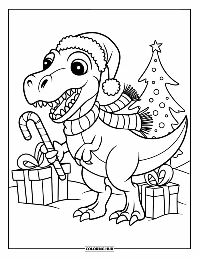 Vánoční omalovánka dinosaura pro děti: Velociraptor v šále drží lízátko ve tvaru hůlky u dárků