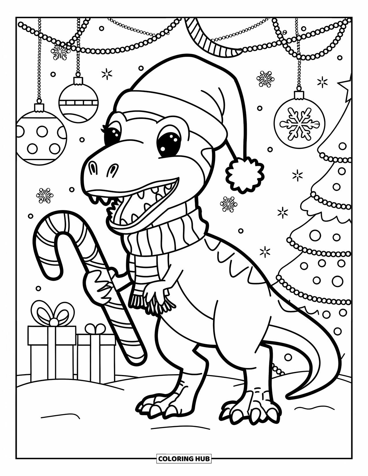 Christmas Dinosaur Coloring Page for Kids: A Velociraptor in a scarf holding a candy cane with Christmas décor