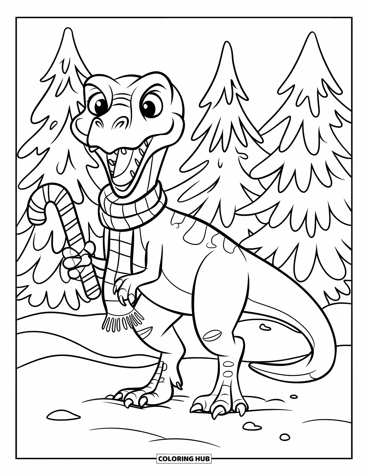 Christmas Dinosaur Coloring Page for Kids: A Velociraptor in a scarf holding a candy cane with snowy trees
