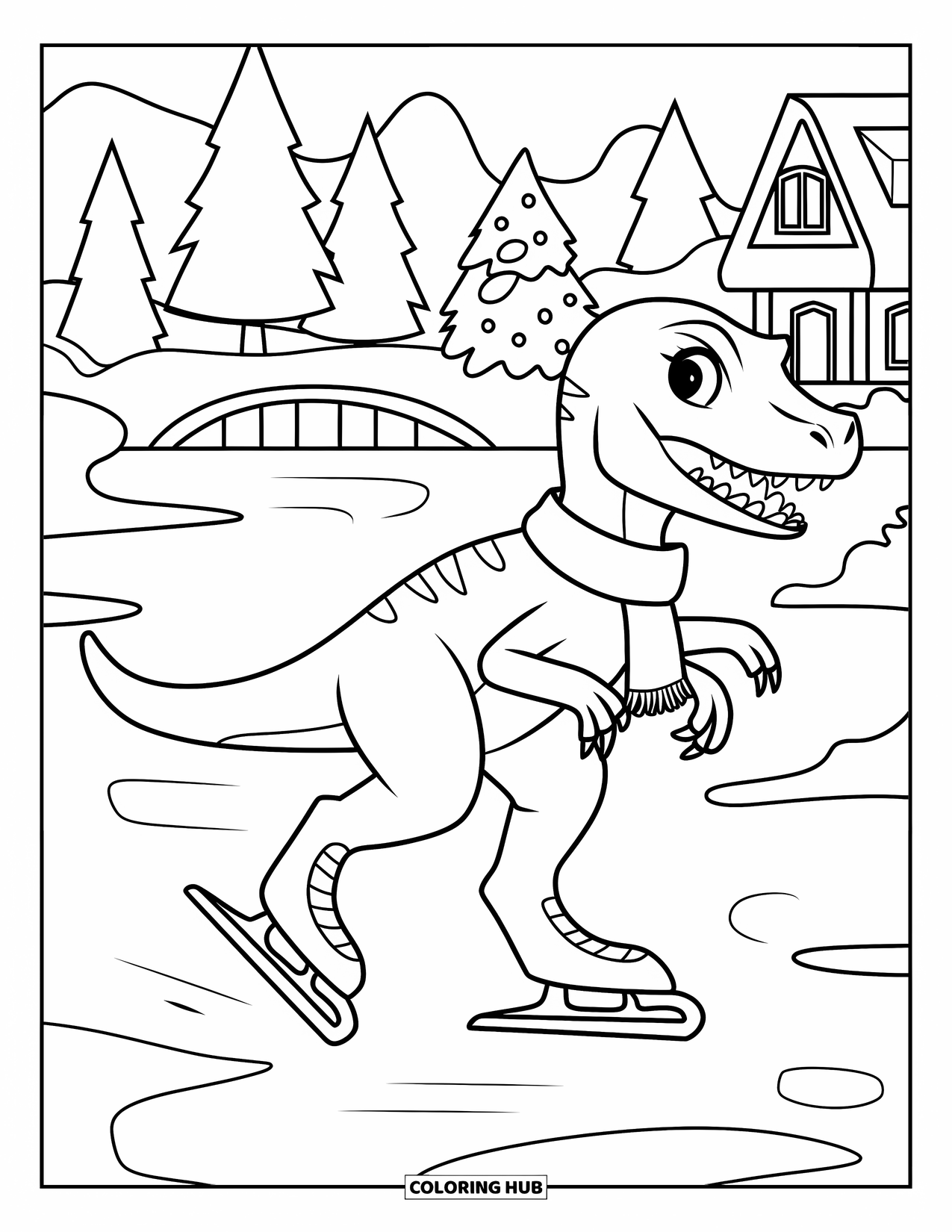 Christmas Dinosaur Coloring Page for Kids: A Velociraptor in a scarf skating across an icy lake with trees nearby