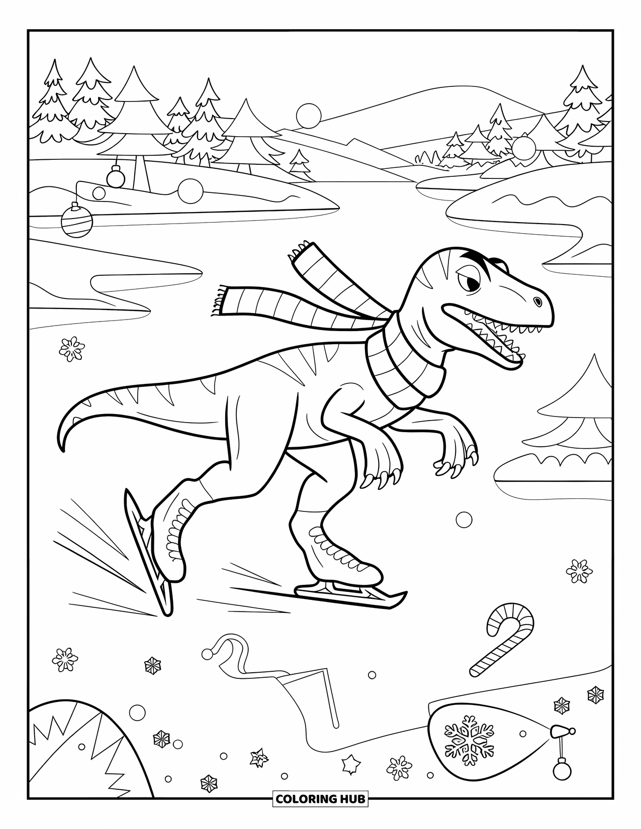 Christmas Dinosaur Coloring Page for Kids: A Velociraptor skating with ornaments and stockings scattered around the snowy scene
