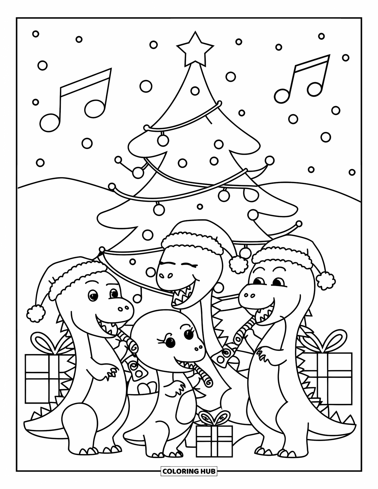 Christmas Dinosaur Coloring Page for Kids: Dinosaurs in Santa hats caroling by a decorated tree with gifts