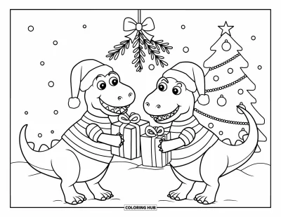 Vánoční omalovánka dinosaura pro děti: Dinosauři v pruhovaných tričkách a čepicích si vyměňují dárky ve sněhu