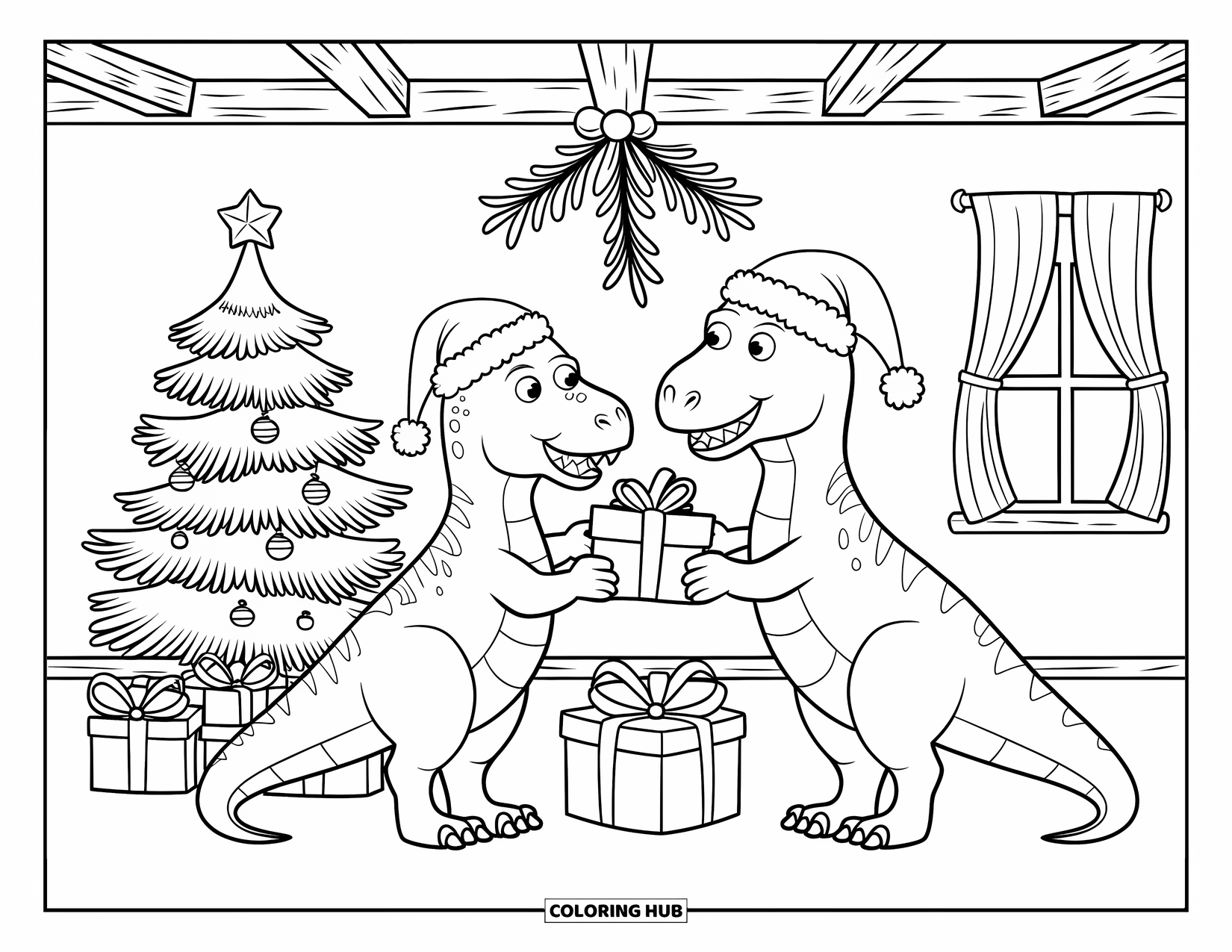 Christmas Dinosaur Coloring Page for Kids: Two dinosaurs exchanging gifts under mistletoe in a cozy festive room
