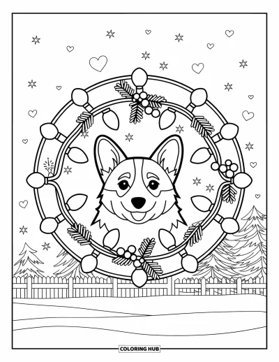 Jule-fargeleggingsark med hund for voksne: Et corgi-ansikt innrammet av lys og misteltein med stjerner og hjerter