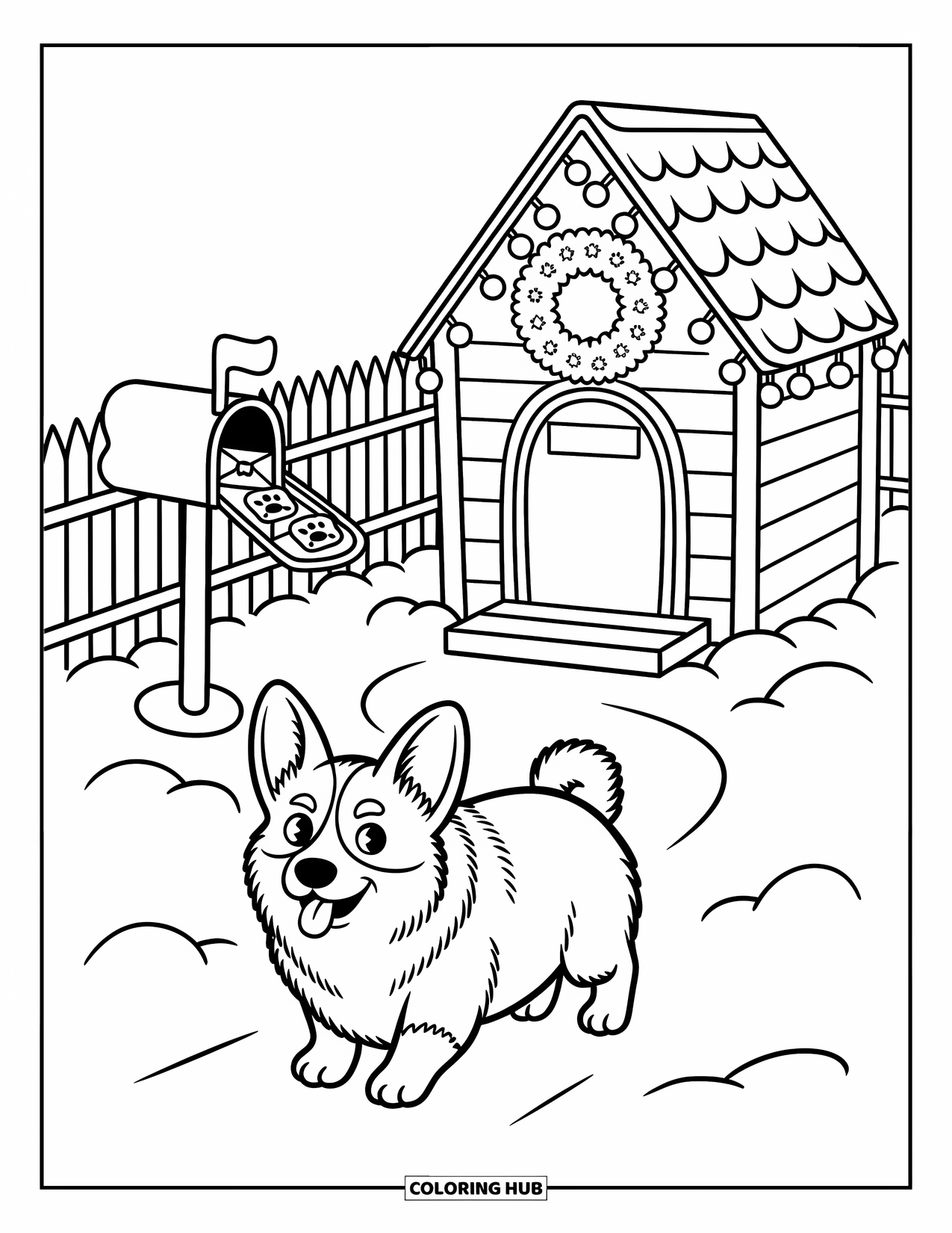 Christmas Dog Coloring Page for Adults: A Corgi trots toward a decorated doghouse with a wreath and lights