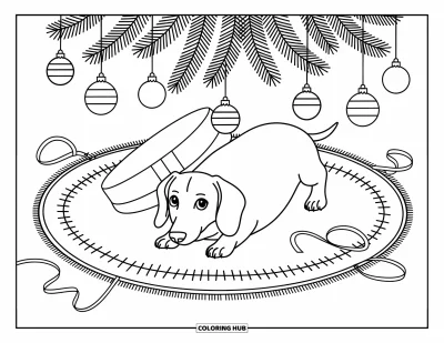 Jule-fargeleggingsark med hund for voksne: En nysgjerrig dachshund titter frem under et juletresskjørt