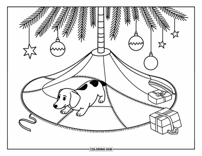 Jule-fargeleggingsark med hund for voksne: En dachshund gjemmer seg lekent under et juletresskjørt med sløyfer strødd rundt