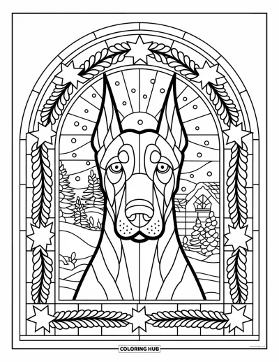Jule-fargeleggingsark med hund for voksne: Et dobermann-ansikt sentrert i et fargeglassvindu med girlander og stjerner