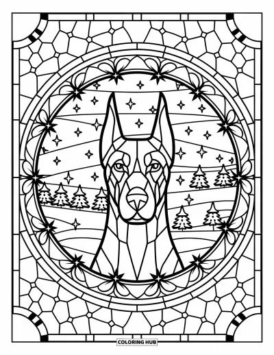 Jule-fargeleggingsark med hund for voksne: Et dobermann-ansikt omgitt av fargeglassgirlander og vinterstjerner