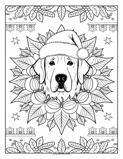 Jule-fargeleggingsark med hund for voksne: Et golden retriever-ansikt i en julestjerne-mandala med kristtorn og stjerner