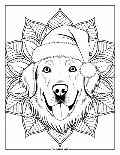 Jule-fargeleggingsark med hund for voksne: Et golden retriever-ansikt i en julestjerne-mandala med tungen ut