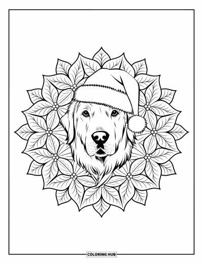 Jule-fargeleggingsark med hund for voksne: En golden retriever med julenissehatt sentrert i en julestjerne-mandala