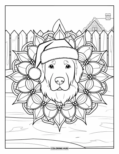 Jule-fargeleggingsark med hund for voksne: En golden retriever med julenissehatt inne i en julestjerne-mandala med snø