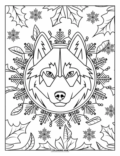 Jule-fargeleggingsark med hund for voksne: Et husky-ansikt innrammet av en mandala med snøflak og kristtornblader