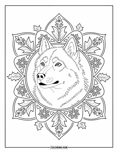 Jule-fargeleggingsark med hund for voksne: Et husky-ansikt innrammet av snøflak- og kristtornmandala med kant