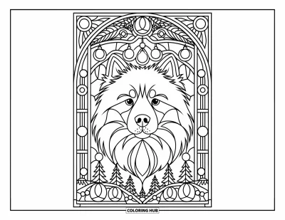 Jule-fargeleggingsark med hund for voksne: Et samoyed-ansikt innrammet av innfløkte fargeglassjulekuler og grantrær