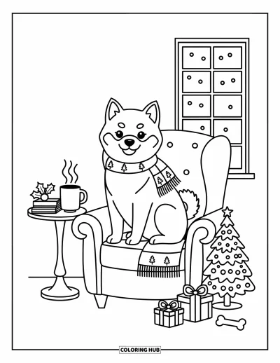 Jule-fargeleggingsark med hund for voksne: En shiba inu slapper av i en stol nær et vindu med snø som faller