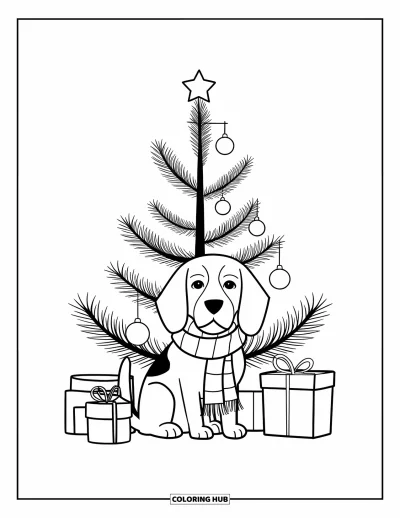 Jule-fargeleggingsark med hund for barn: En beagle i skjerf sitter under et enkelt juletre