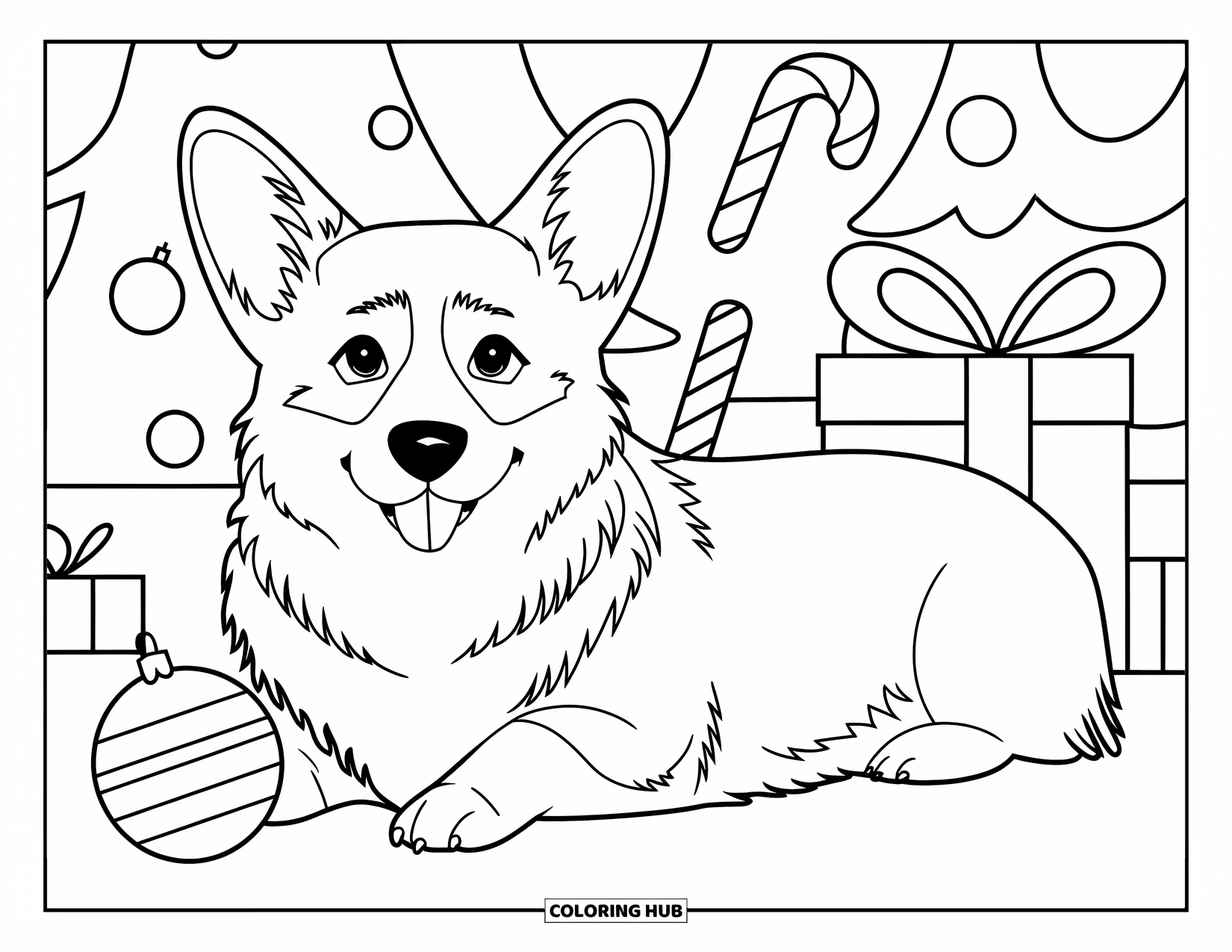 Christmas Dog Coloring Page for Kids: A Corgi lies with a Christmas ornament beside its paw
