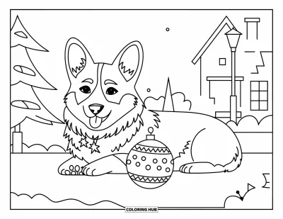 Jule-fargeleggingsark med hund for barn: En corgi med halsbånd ligger ved et hus, en lyktestolpe og et juletre