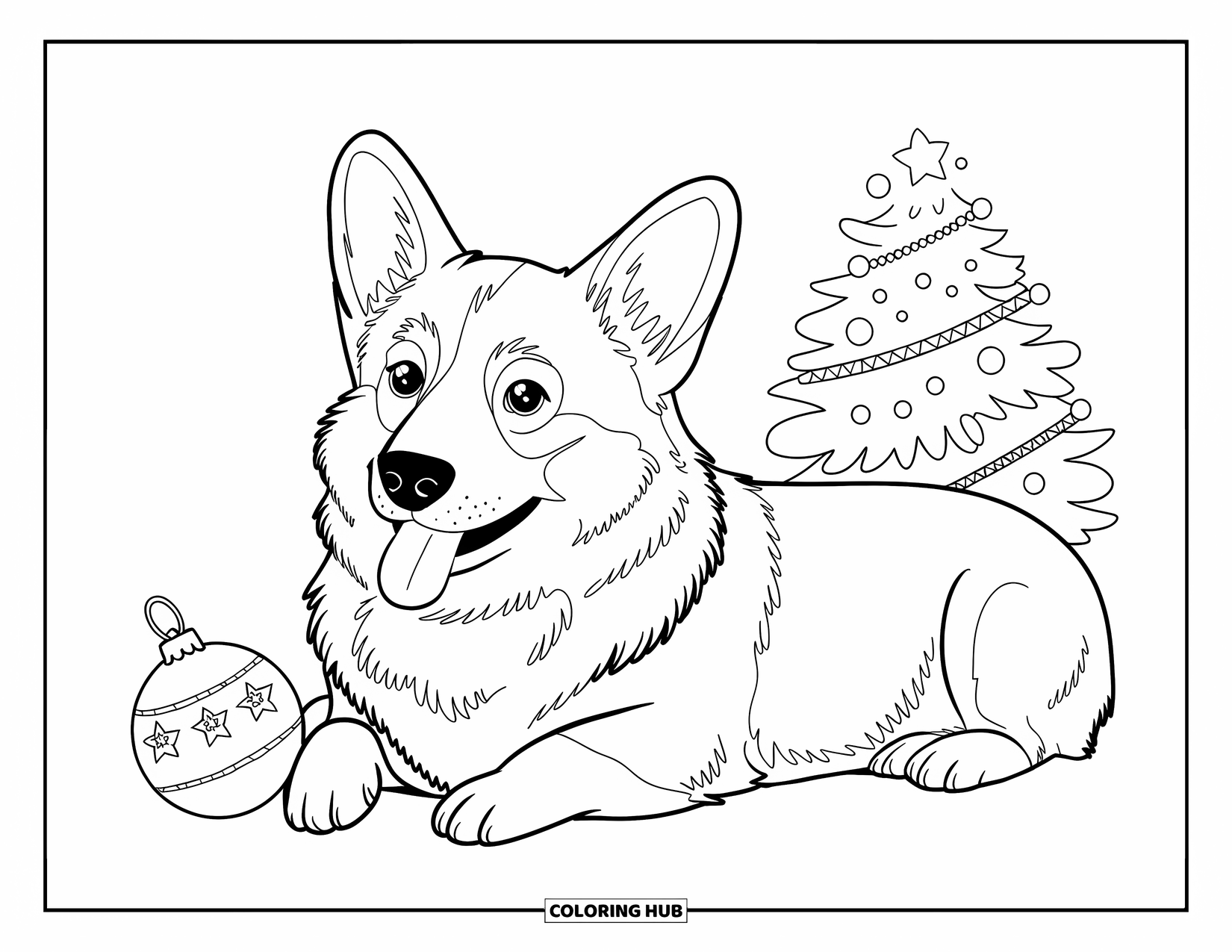 Christmas Dog Coloring Page for Kids: A Corgi with a festive collar lies beside an ornament and tree