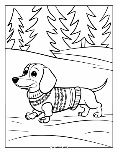 Jule-fargeleggingsark med hund for barn: En dachshund i genser går over snødekt mark med trær