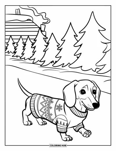 Jule-fargeleggingsark med hund for barn: En dachshund i genser går på en snødekt sti nær en hytte