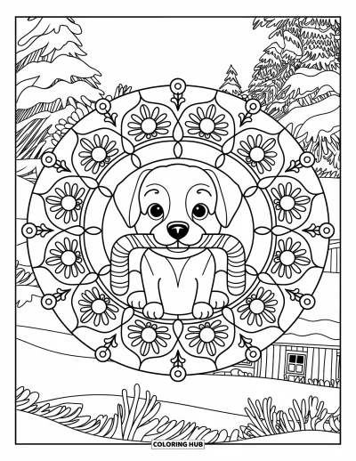 Fargeleggingsark med julevalp for voksne: En valp som ligner en sukkerstang hviler i et blomstermandala med snødekte trær