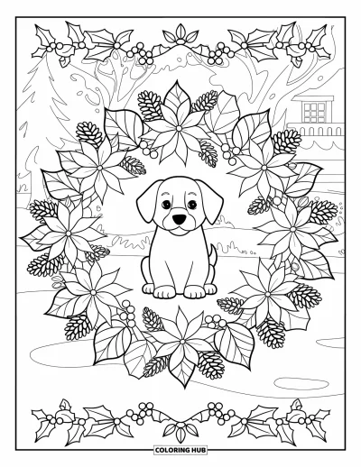 Fargeleggingsark med julevalp for voksne: En valp hviler i et julestjerne-mandala innrammet av kristtorn og bær