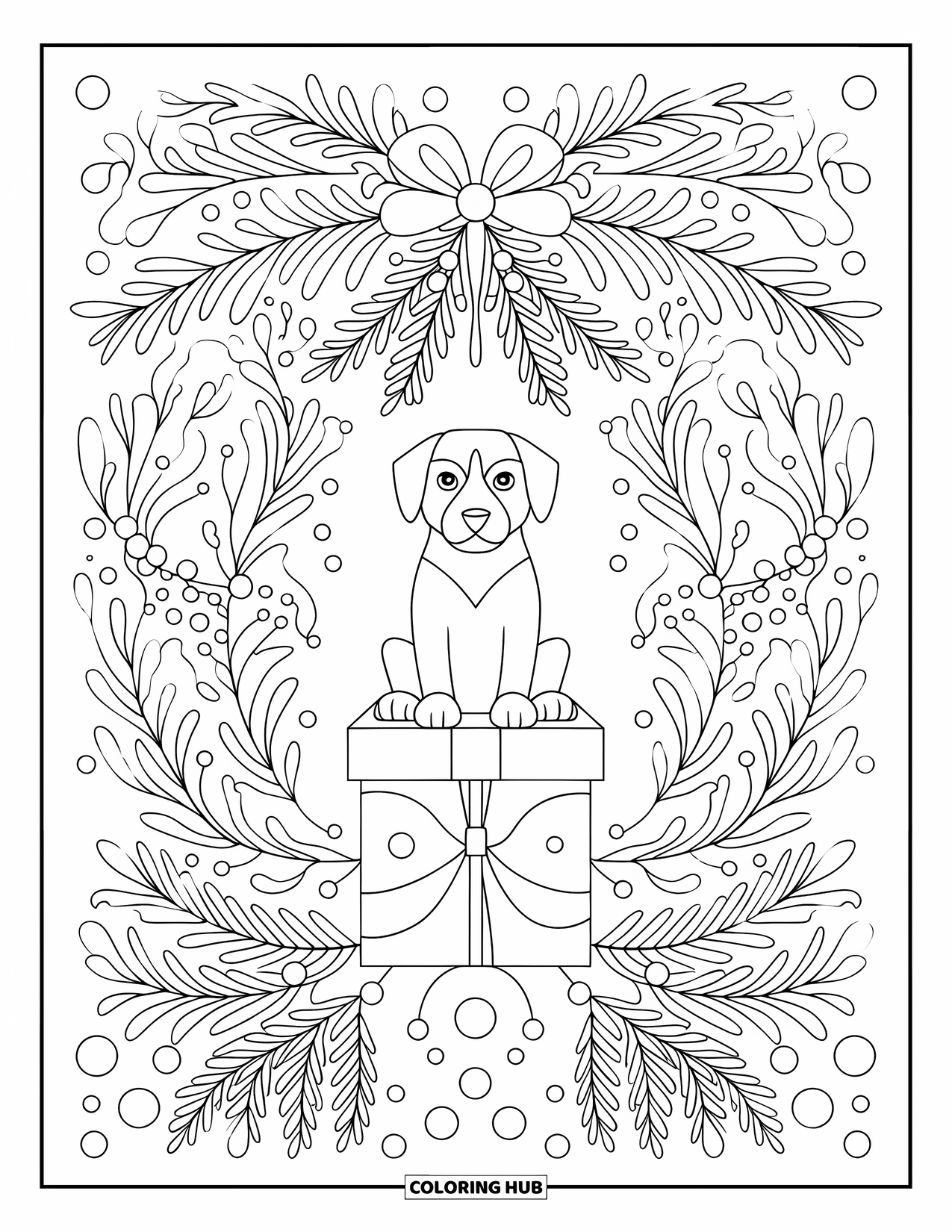 Karácsonyi kölyökkutya kifestő felnőtteknek: Egy kölyökkutya ajándékdoboznon ül részletes botanikus mintában
