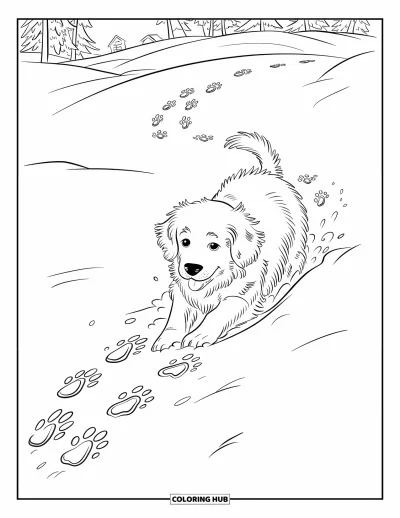 Fargeleggingsark med julevalp for barn: En golden retriever-valp leker gledelig i et snødekt landskap