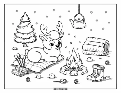 Fargeleggingsark med julerein for voksne: En rein hviler ved et bål med marshmallows, en kjele og snødekte kongler