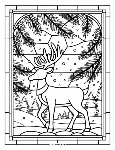 Fargeleggingsark med julerein for voksne: En reinsilhuett er innrammet av glassmalerifurugrengrener og snøfall