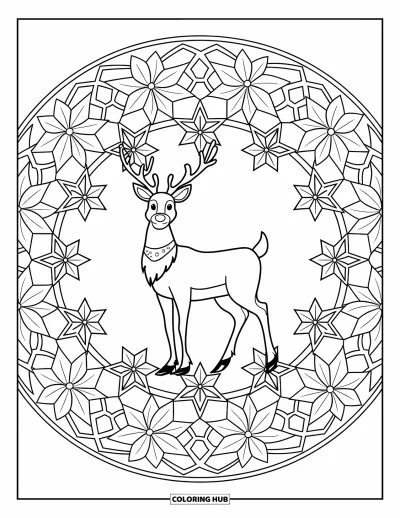 Fargeleggingsark med julerein for voksne: En rein med gullhalsbånd står inne i en mandala av julestjerner og stjerner