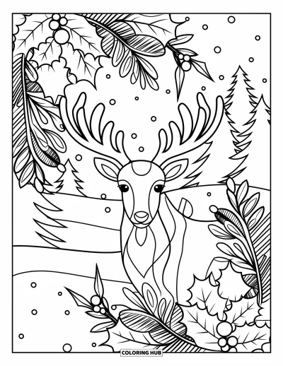 Fargeleggingsark med julerein for voksne: En fredfull rein står i botaniske mandalas med snødekte trær bak