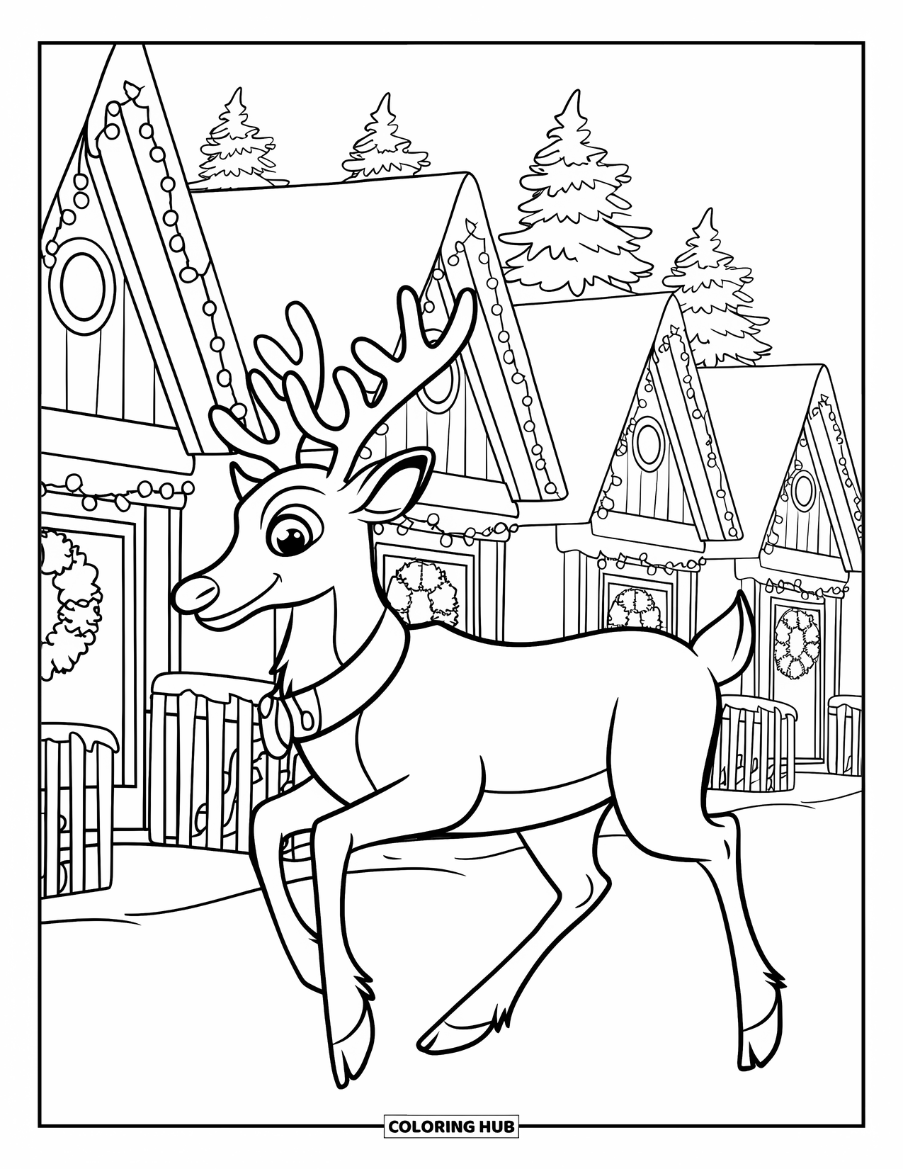 Jouluinen porovärityskuva lapsille: Poro juoksee seppeleillä ja hohtavilla valoilla koristeltujen mökkien ohi