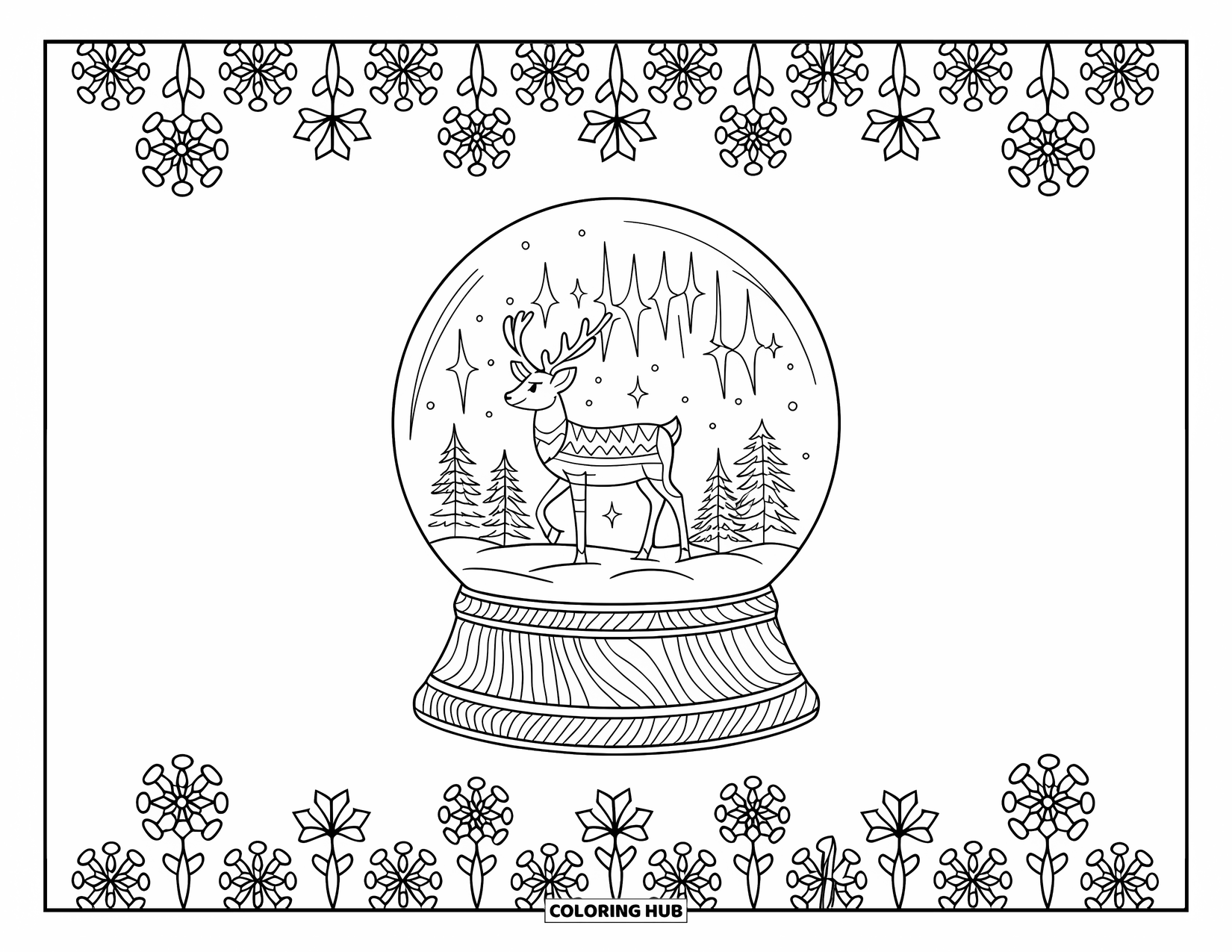 Weihnachts-Schneekugel-Ausmalbild für Erwachsene: Ein Rentier unter dem Nordlicht in einer Schneekugel mit floralen Bordüren