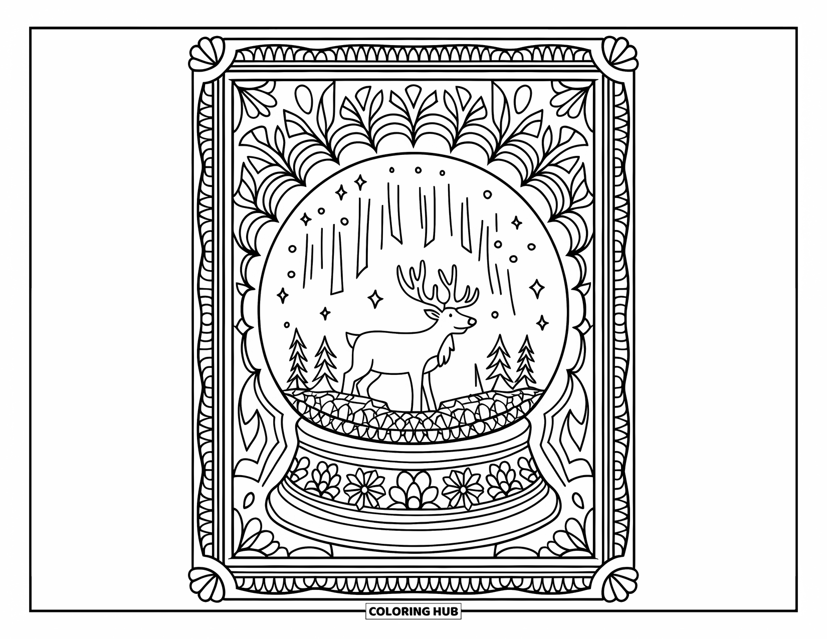 Weihnachts-Schneekugel-Ausmalbild für Erwachsene: Eine Schneekugel mit einem Rentier unter dem Nordlicht und Blumen-Mandalas