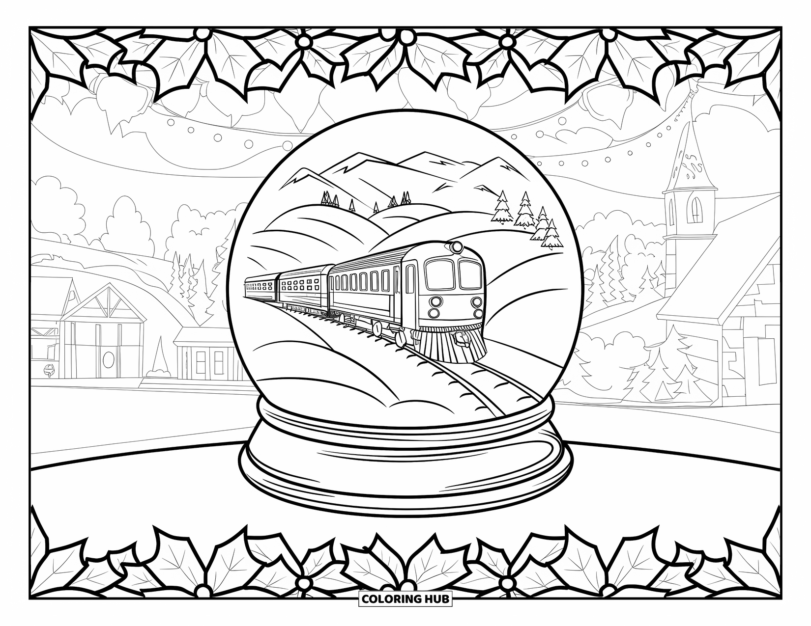 Weihnachts-Schneekugel-Ausmalbild für Erwachsene: Eine Schneekugel mit einem Zug und Dorf, eingerahmt von Stechpalmen-Mandalas