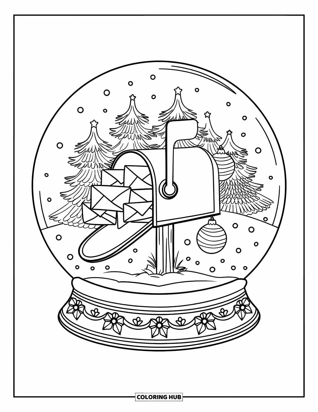 Weihnachts-Schneekugel-Ausmalbild für Kinder: Ein Schneekugel-Briefkasten voller Briefe an den Weihnachtsmann, umgeben von Bäumen und Deko