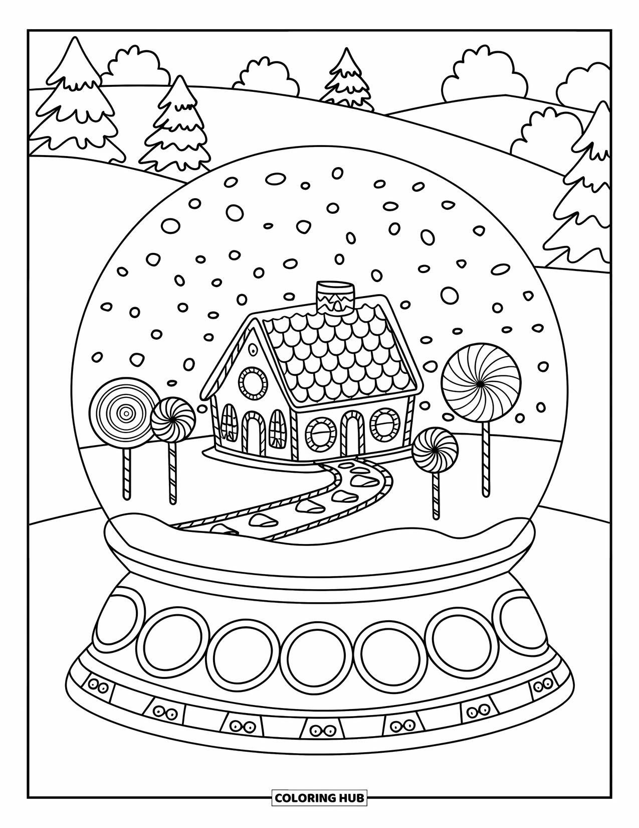 Weihnachts-Schneekugel-Ausmalbild für Kinder: Eine Schneekugel mit einem Lebkuchenhaus, einem Süßigkeitenweg und Lollipop-Bäumen