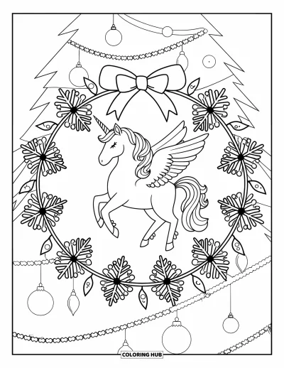 Coloriage de licorne de Noël pour adultes : Une licorne couronnée se tient dans une couronne ornée de rubans et de boules
