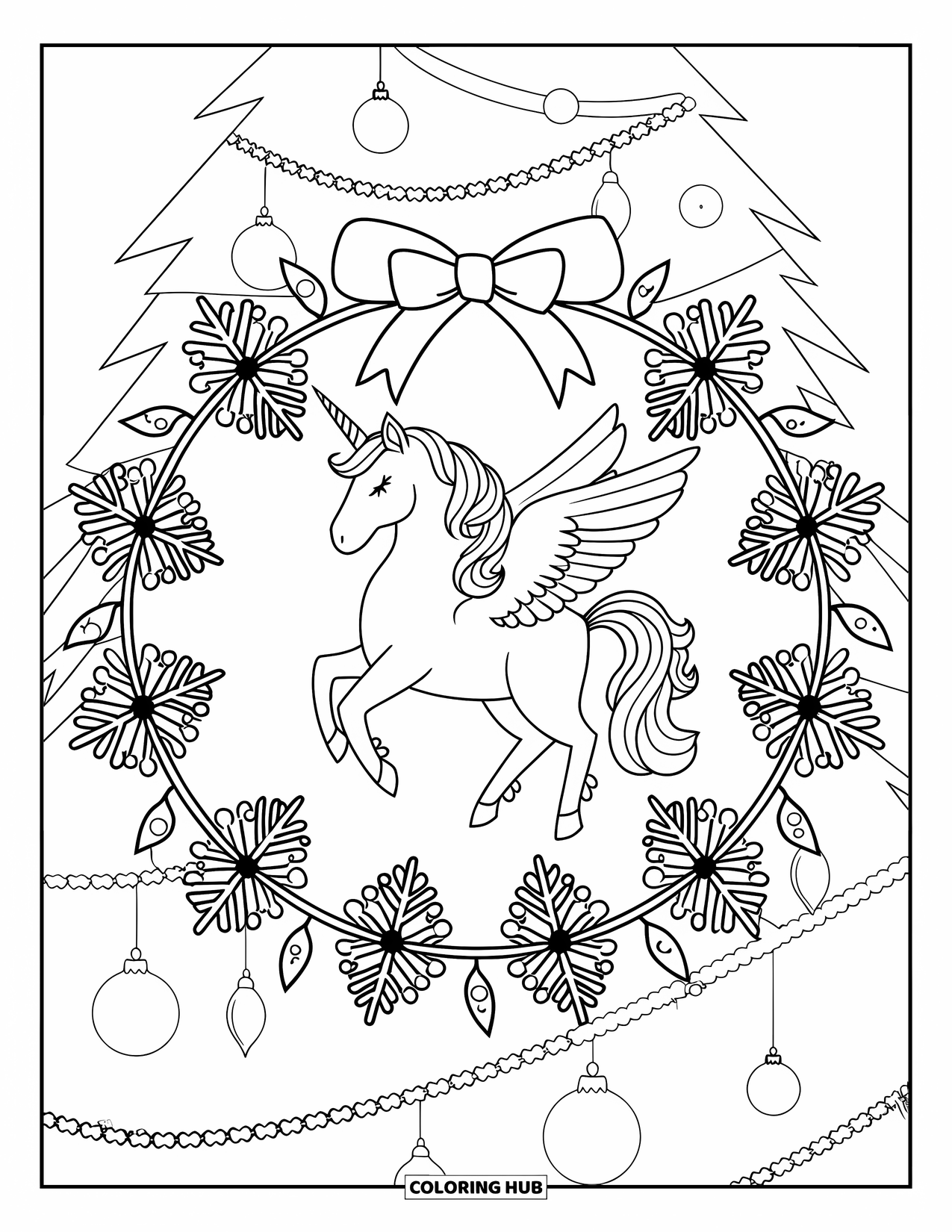 Coloriage de licorne de Noël pour adultes : Une licorne couronnée se tient dans une couronne ornée de rubans et de boules