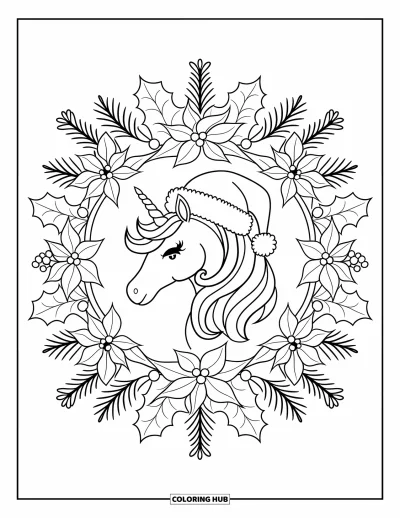 Coloriage de licorne de Noël pour adultes : Une licorne en bonnet de Père Noël encadrée de houx et de poinsettias se tient paisiblement