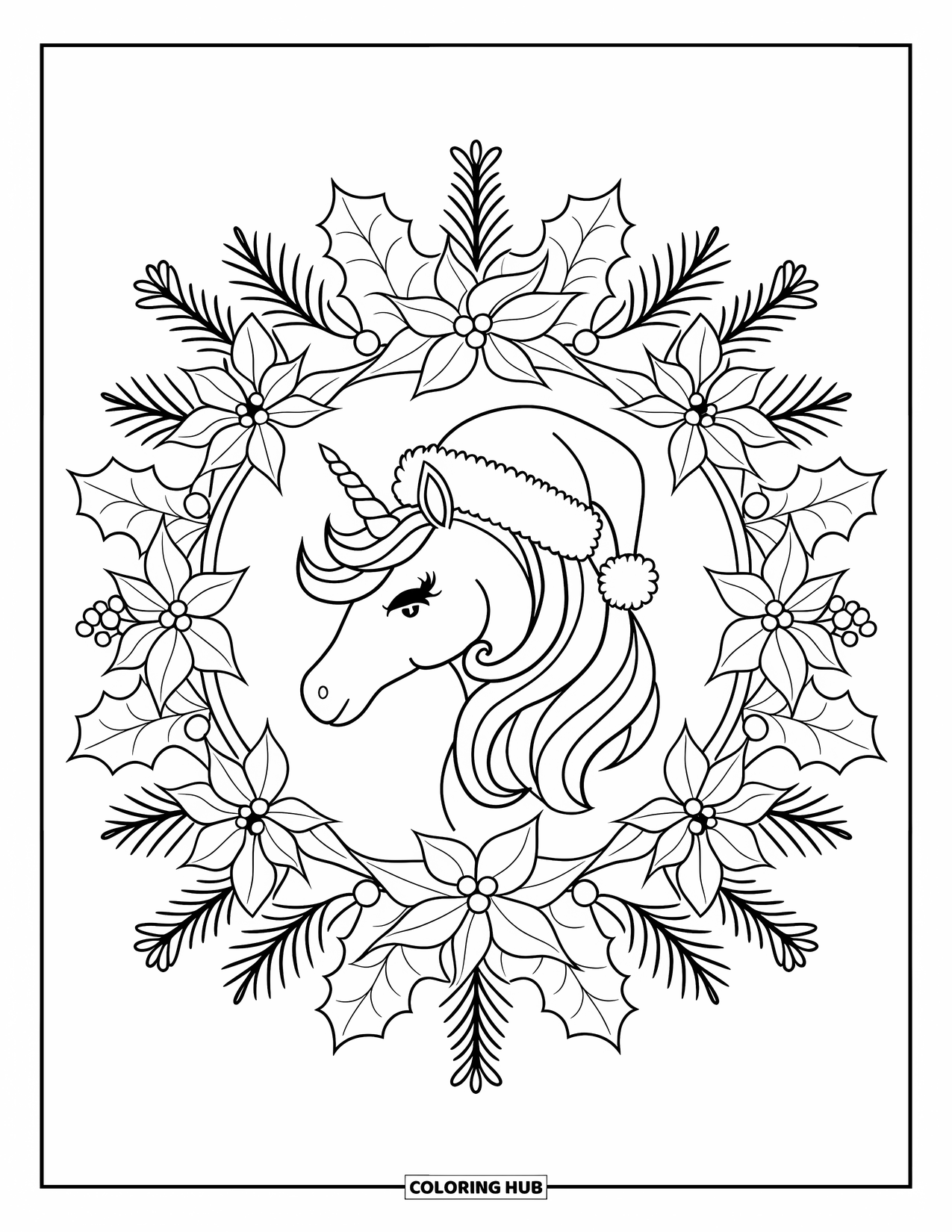 Coloriage de licorne de Noël pour adultes : Une licorne en bonnet de Père Noël encadrée de houx et de poinsettias se tient paisiblement
