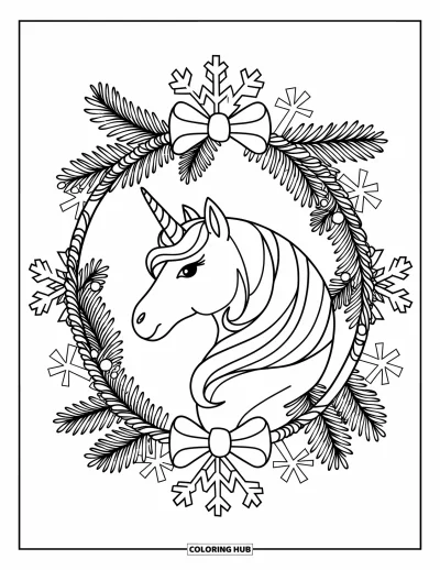 Coloriage de licorne de Noël pour adultes : Une licorne encadrée d'un mandala de branches de sapin, de nœuds et de flocons de neige