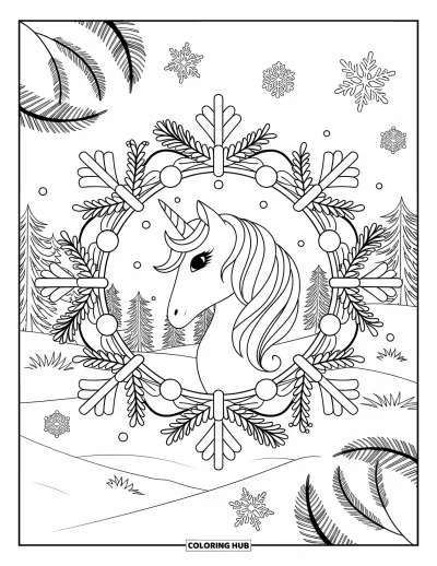 Coloriage de licorne de Noël pour adultes : Une licorne encadrée de branches de sapin et de nœuds dans un paysage enneigé