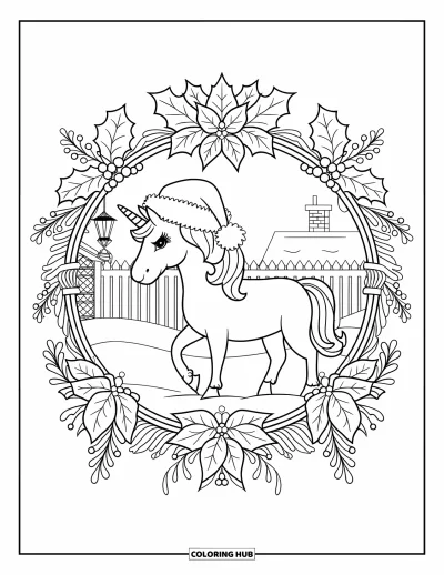Coloriage de licorne de Noël pour adultes : Une licorne en bonnet de Père Noël se tient près d'une clôture, d'une lanterne et d'une maison
